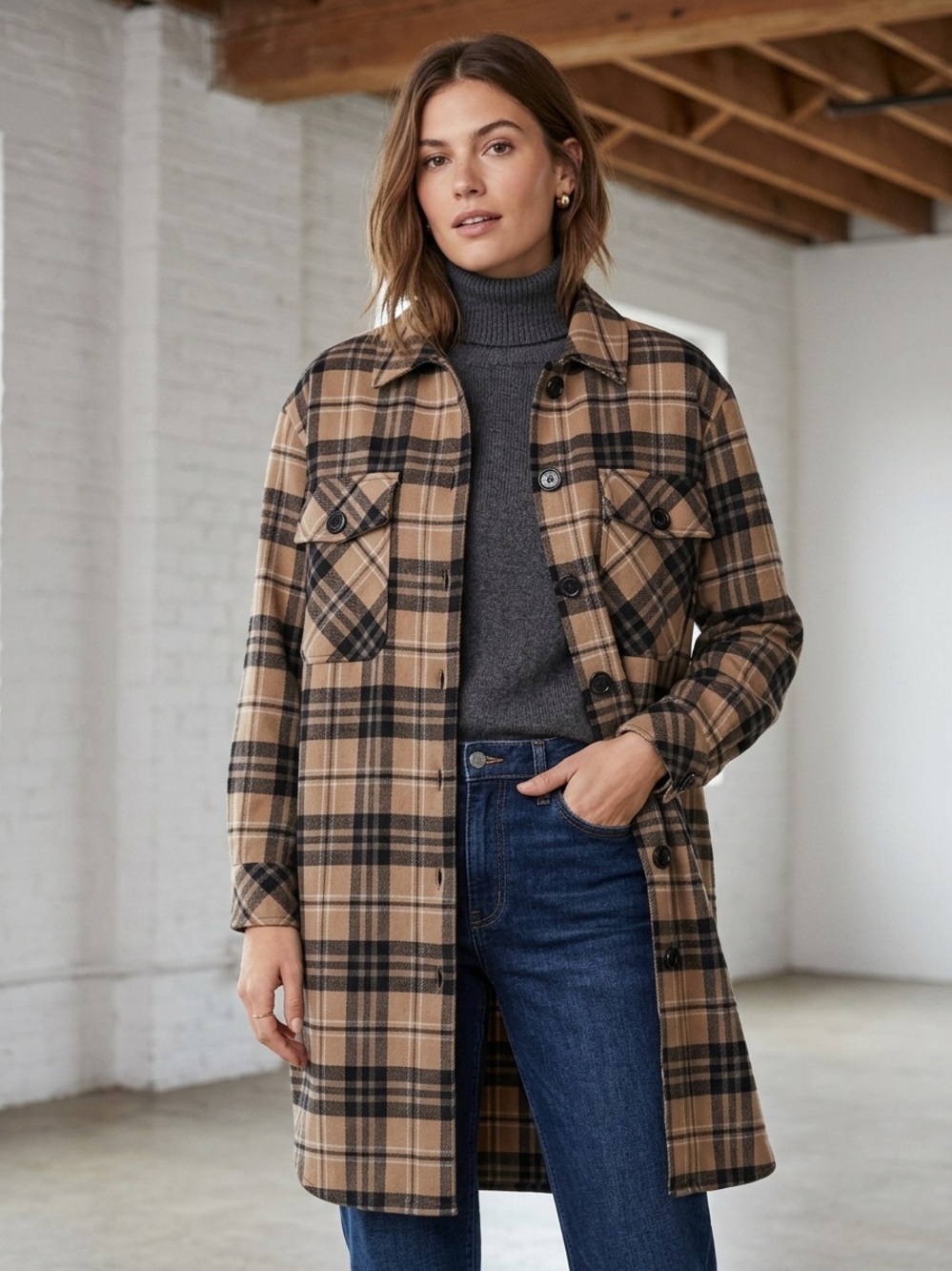 Cleo Plaid Shirt Jacket in Brown & Black L/XL Like New